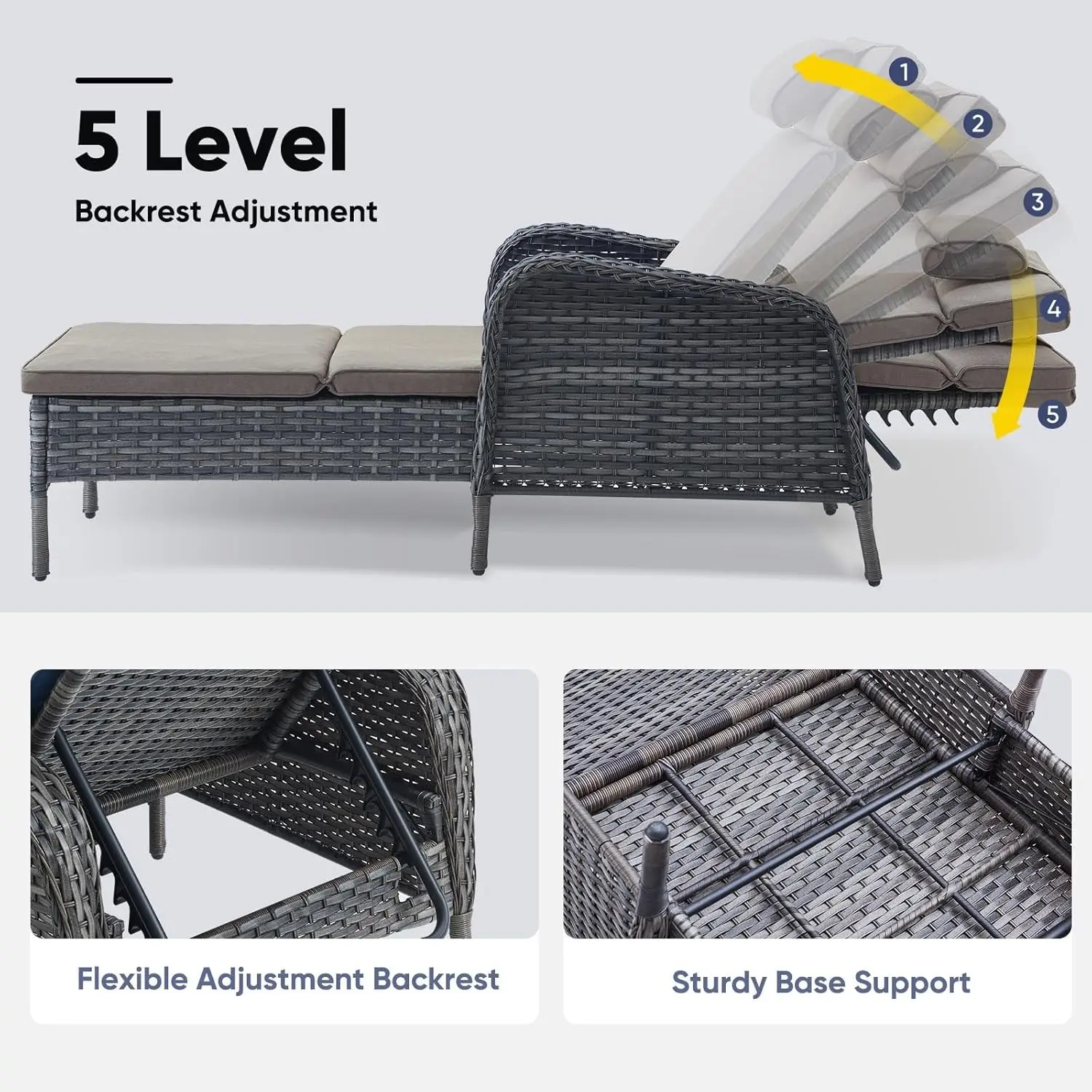 3 Piece Outdoor Chaise Lounge Patio Recliner - 75 Inch Adjustable Wicker Chaise Lounge with Soft Pillow Removable, Customized view 3