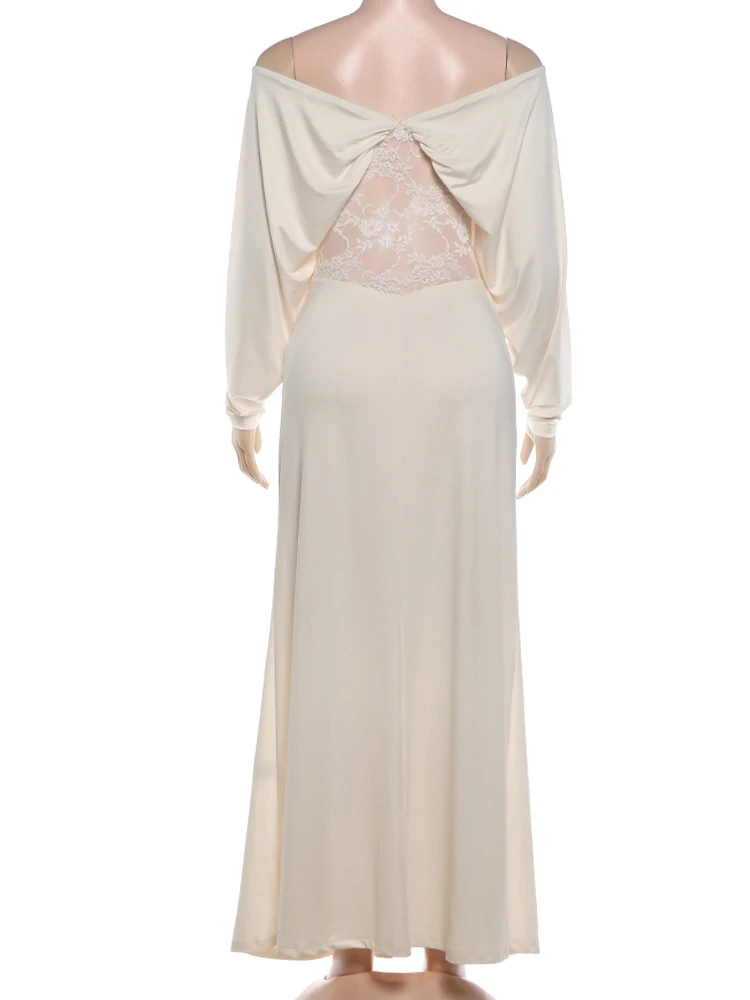 Weird Puss Elegantes Spitzen-Patchwork-Kleid für Damen, modisch, schlicht, gerafft, mit tiefem Ausschnitt, Fledermausärmeln, trendig, für Abendpartys, Clubs, figurbetont – Detail 6