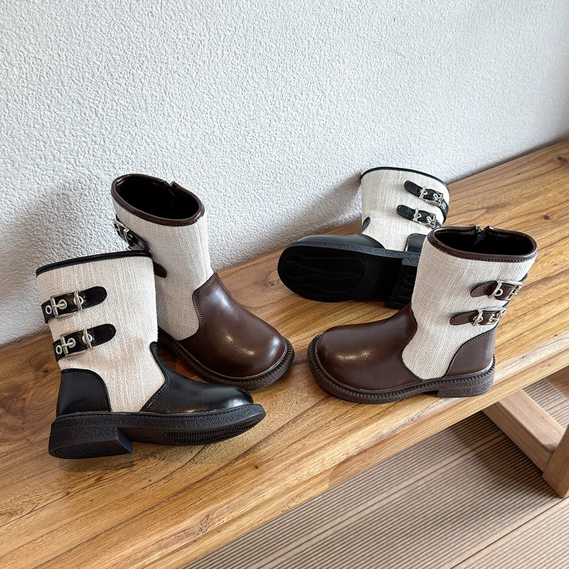 Little Girls Platform Mid-calf Boots 2026 New Winter Kids Thermal Leather Boots Non-slip Simple Retro Style School Party Boots
