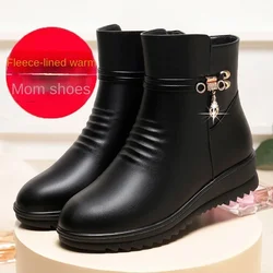 Black Soft Leather Ankle Boots for Women Autumn Winter Thick Wool Short Boot Wedges Shoes Comfortable Mom's Cotton Bota