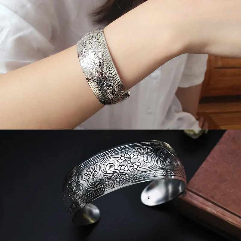 Meetvii New Retro Cuff Bracelets Tibetan Silver Metal Carving Sea Turtle Lotus Elephant Flower Bangles Vintage Gypsy Jewelry image 5
