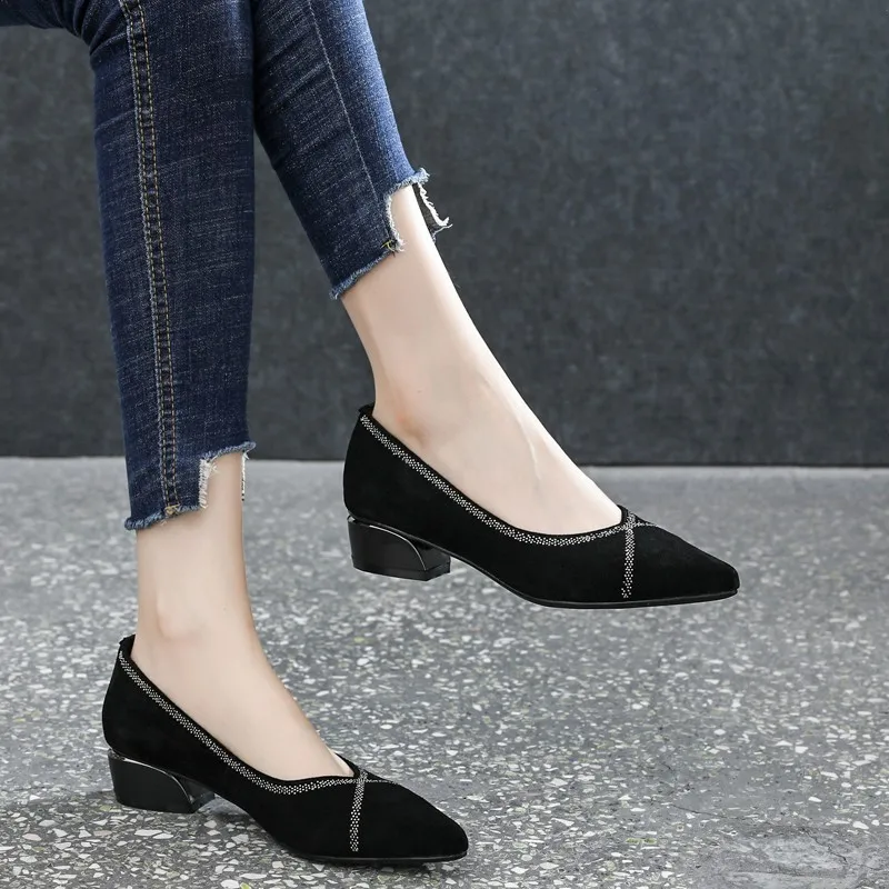 Women\'s Pionted Toe Elegant Shoes Autumn New Fashion Shallow Light Slip on Chunky Heel Shoes for Women Dress Office Ladies Pumps