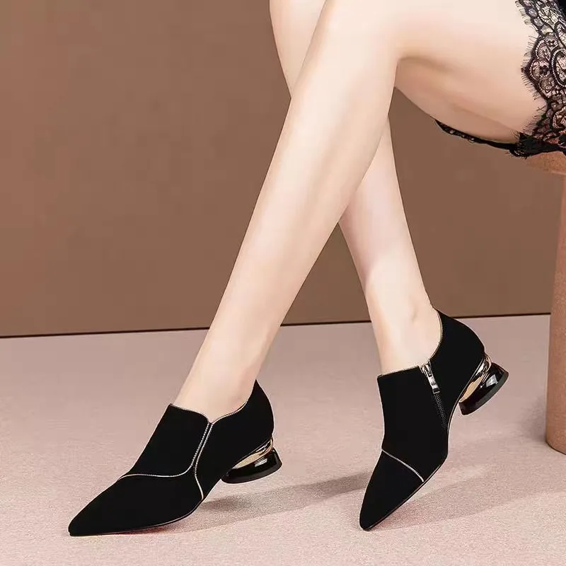 2025 diskon besar-besaran sepatu wanita ritsleting samping hak tinggi wanita mode Solid kantor dan karir seksi Toeel Egant Heels wanita