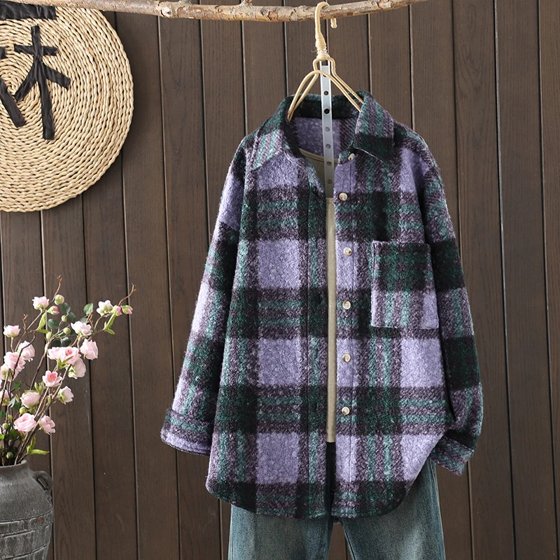 الكورية Sle عارضة Thiened منقوشة فضفاضة تناسب ملابس خارجية هونغ كونغ Sle معطف الصوف زر واحد طويل Sve البوليستر القطن...