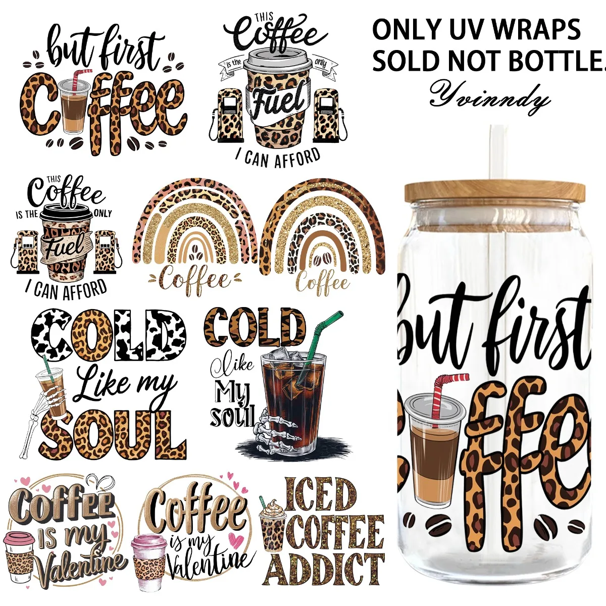 4 Stück/Set Leopardenmuster Kaffee DIY Hellbeige Becher-Wickelfolie Dekorative Transferfolie UV DTF Hochwertig Selbstklebend