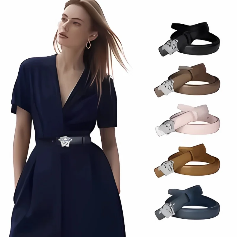 فستان جلد طبيعي نسائي بحزام خصر من الجينز مع إبزيم سلس من سبيكة ماركة فاخرة ضيقة بعرض 1.3 سم