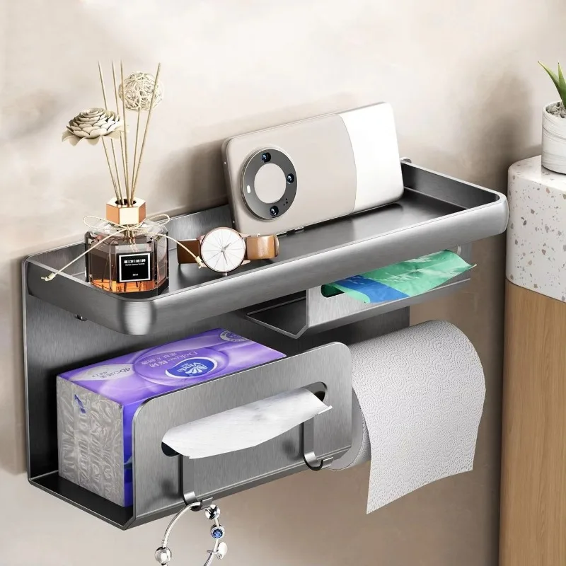 Aluminum Bathroom Roll Rack, Wall Mount Tissue Box with Storage Basket, Dual Position Design, Adhesive & Suction Mount