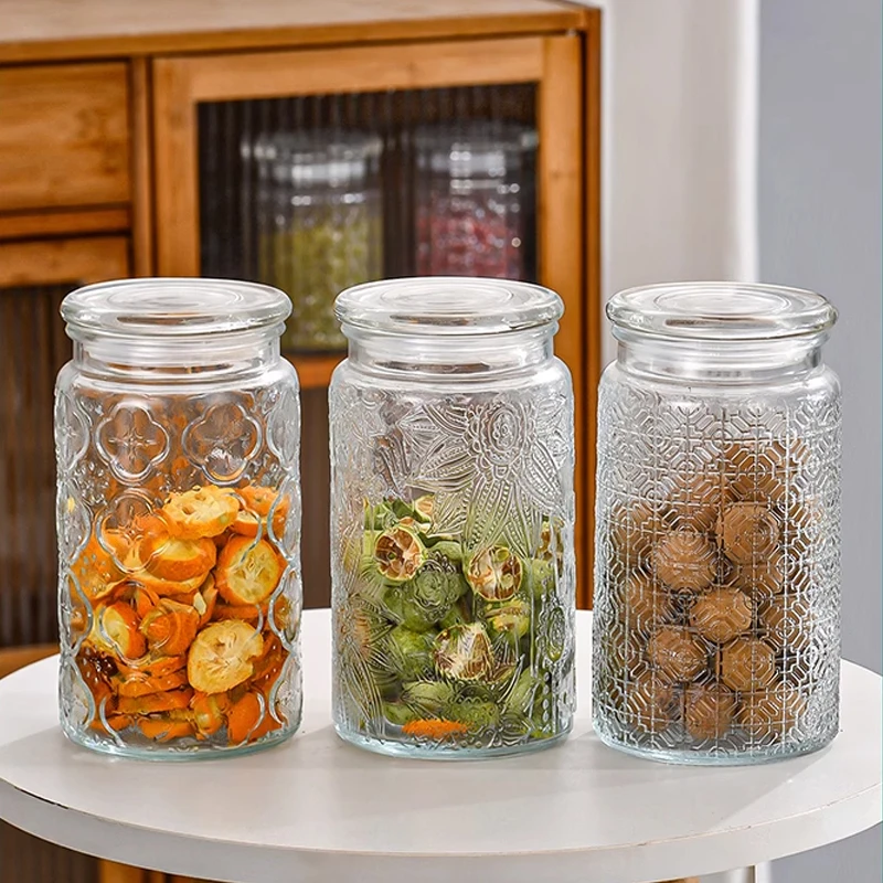 1000ml Glass Storage Jar of Begonia Flower Nuts Snacks Sealed Jar of Tea Miscellaneous Grains with Lid Household Storage Jar