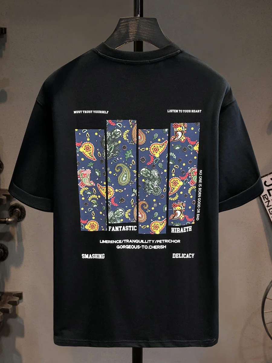 

Мужская футболка из высококачественного хлопка, летняя, модная, с национальным принтом, американского стиля, плотная, свободного кроя, повседневная, с коротким рукавом