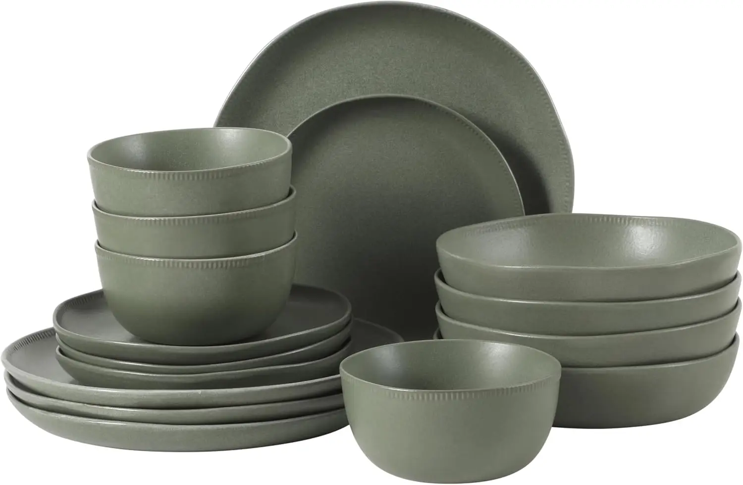 

Menlo Park 16-Piece Pottery Clay Stoneware Dinnerware Set – Green Reactive Glaze, Organic Shape Embossed Plates and Bow