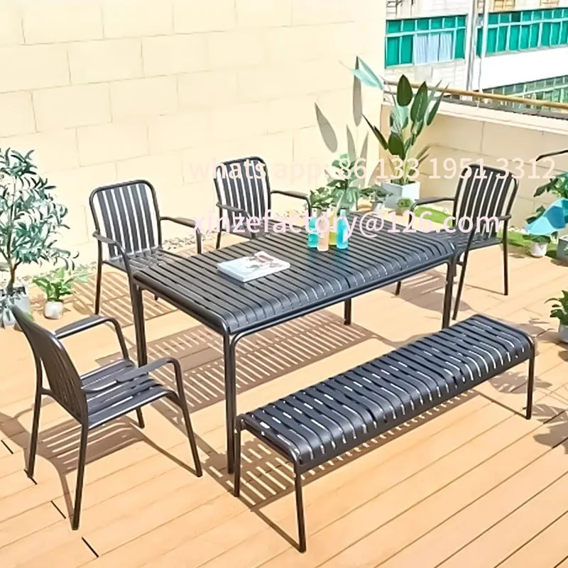 شرفة خارجية قابلة للتخصيص، مزيج غير رسمي للحديقة، فناء في الهواء الطلق، سبائك الألومنيوم المقاومة للماء، طاولات وكراسي واقية من الشمس #3