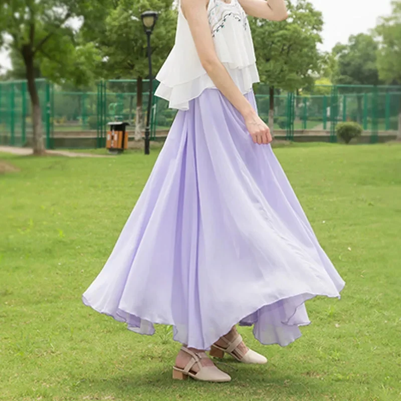Women Chiffon Long Skirts Elastic Waist Pleated Maxi Skirts Beach Boho Vintage Summer Skirts Faldas Saia Harajuku