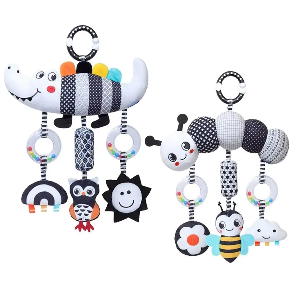 Chocalho infantil dos desenhos animados brinquedos de alto contraste pelúcia cama do bebê pendurado brinquedo preto e branco crocodilo recém-nascido brinquedo sensorial