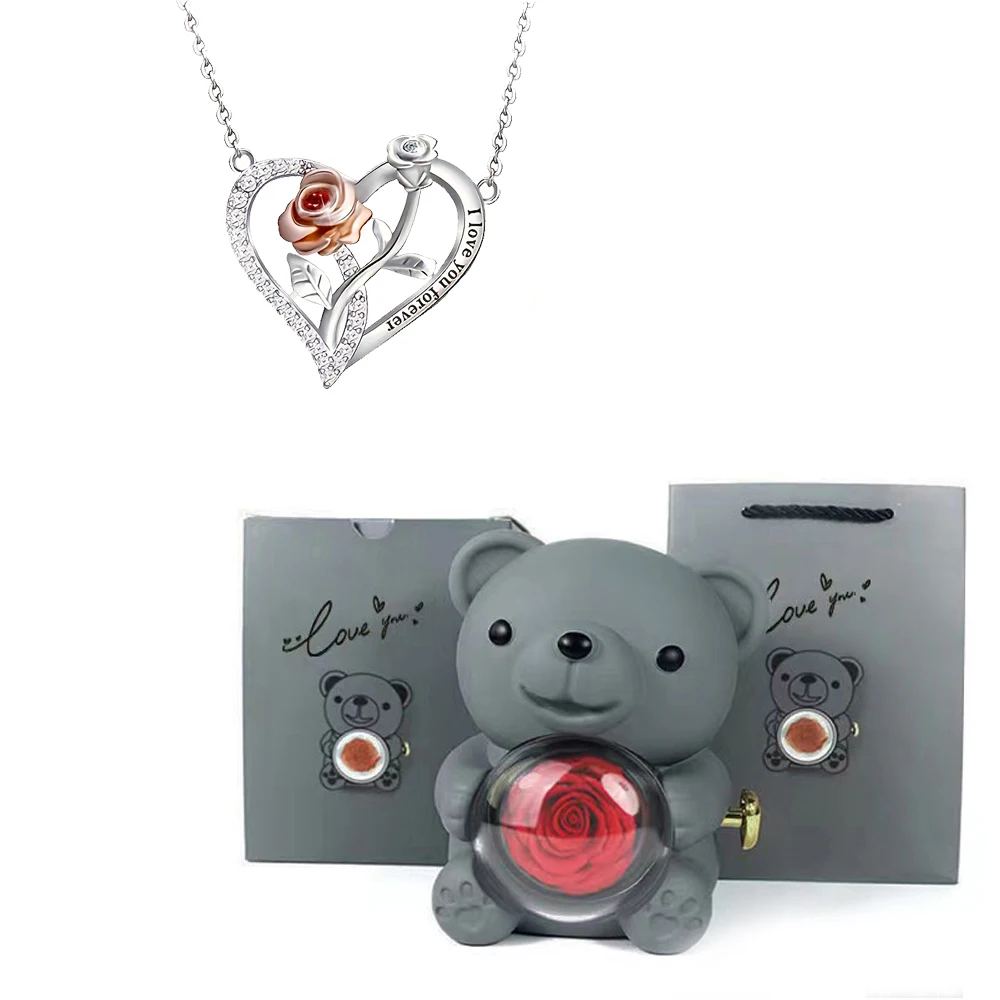 Heart Zircon Pendant Necklaces With Cute Bear Rose Flower Luxury Gift Box 2024 New Christmas Party Romantic Jewelry