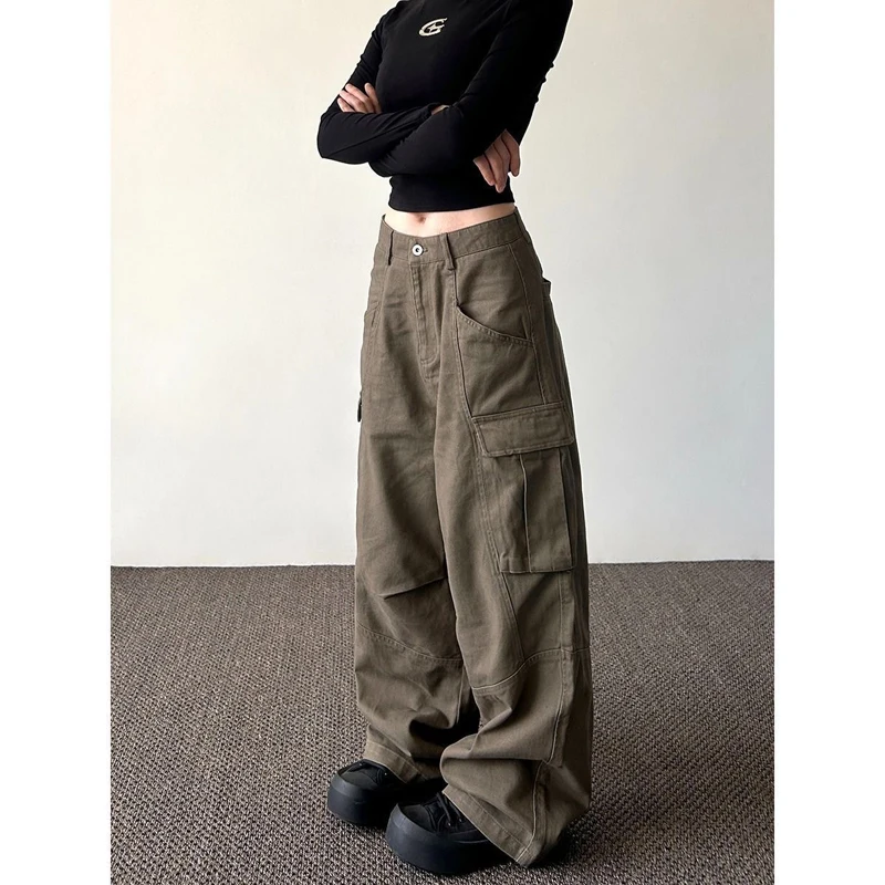 السراويل البضائع النسائية المرنة جيب كامل الخريف القطن هاي ستريت المتضخم الجرونج واسعة الساق المتعثرة المضادة للتجاعيد للعارضية الحضرية #4