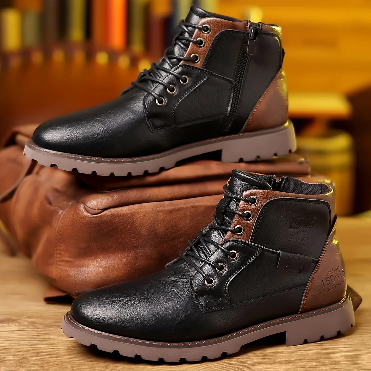 

Men's Ankle Boots Fashion Casual Leather Boots 2025 New High Top Boots for Men Plush Warm Winter Boot Lace Up Motorcycle Booties