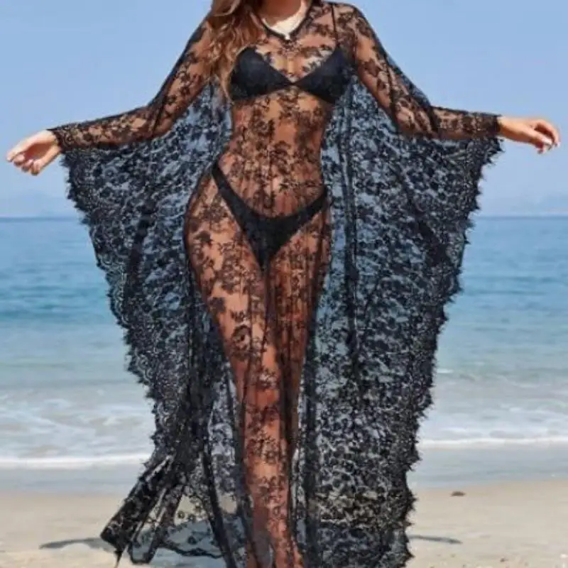 Beach jacket women's lace hollow loose plus size long dress swimsuit cover sun protection clothing vacation long dress