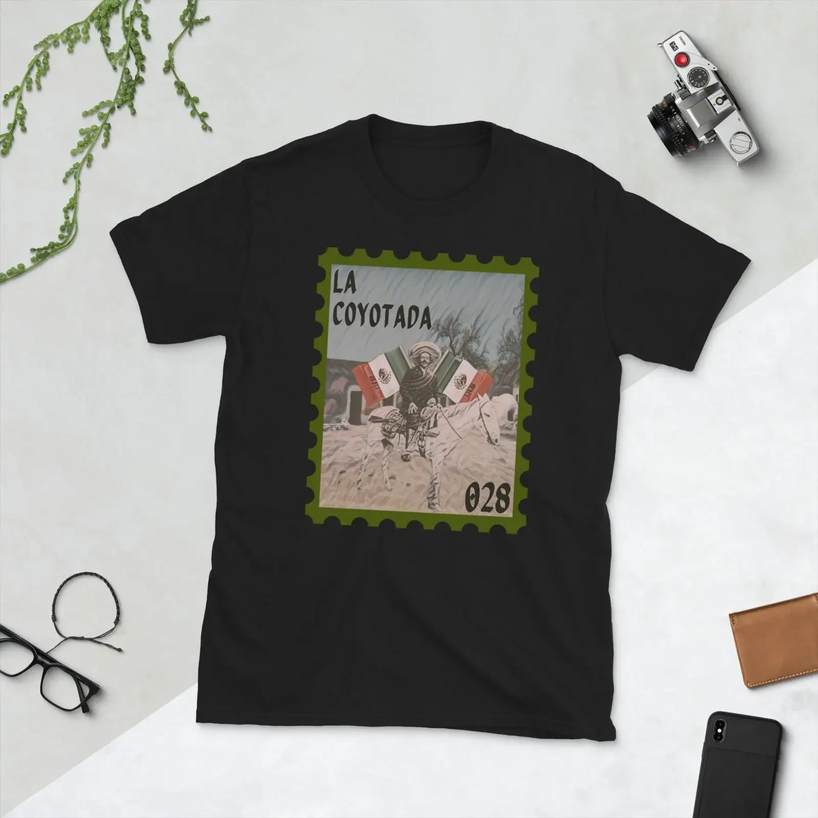 Camiseta cómoda informal con estampado de la estampilla postal de Pancho Villa La Coyotada, estilo vintage, para uso diario, transpirable y a la moda.