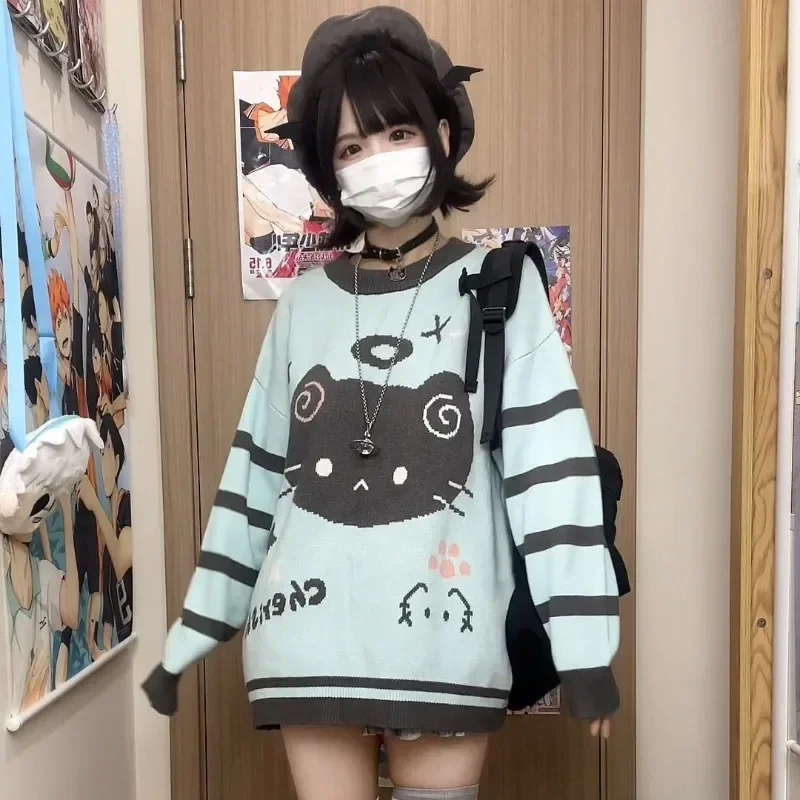 Y2k Striped Kawaii Women Sweaters Cartoon Embroidery Harajuku Japanese Fashion Knit Pullovers Loose Cute Winter 4 Y2k Striped Kawaii Women Sweaters Cartoon Embroidery Harajuku Japanese Fashion Knit Pullovers Loose Cute Winter 4