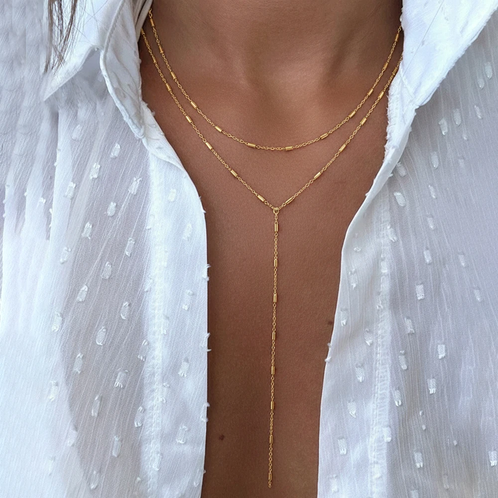 2pcs Double Layer Gold Lariat Necklace Set,Delicate Beaded Y-Chain,Minimalist Elegant Style for Women,Ideal for Parties&Gifting