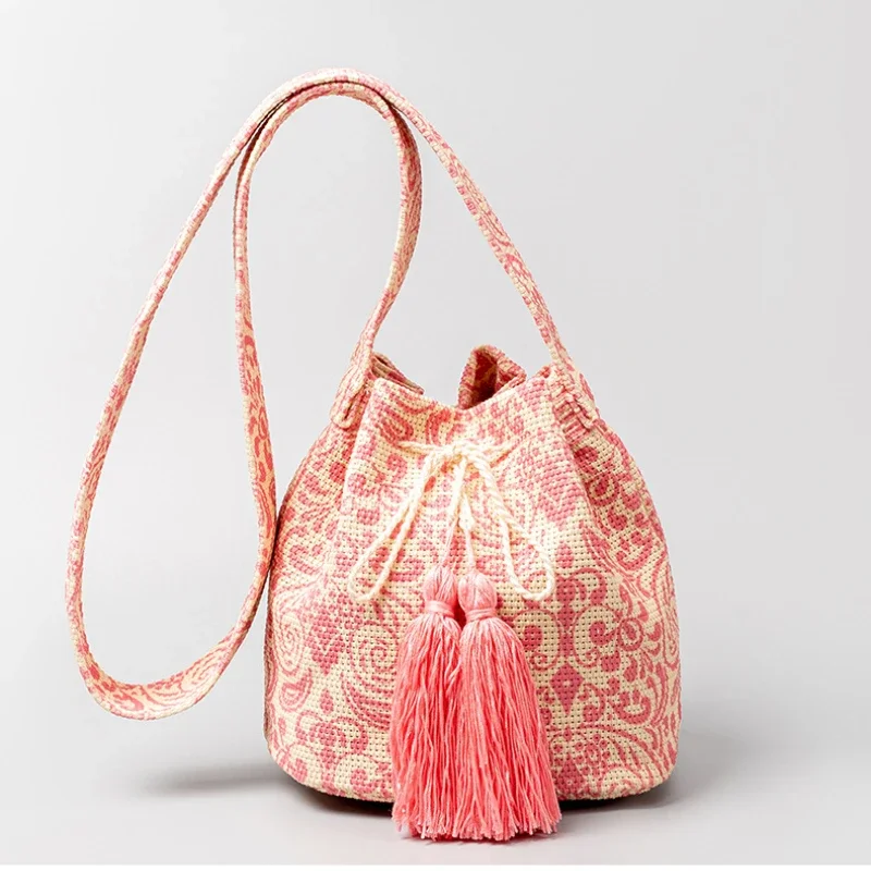 

2025 New Printed Canvas Drawstring Bag Bohemian Style Summer Holiday Bucket Bag Tassels Colorful Travel Casual Crossbody Bags