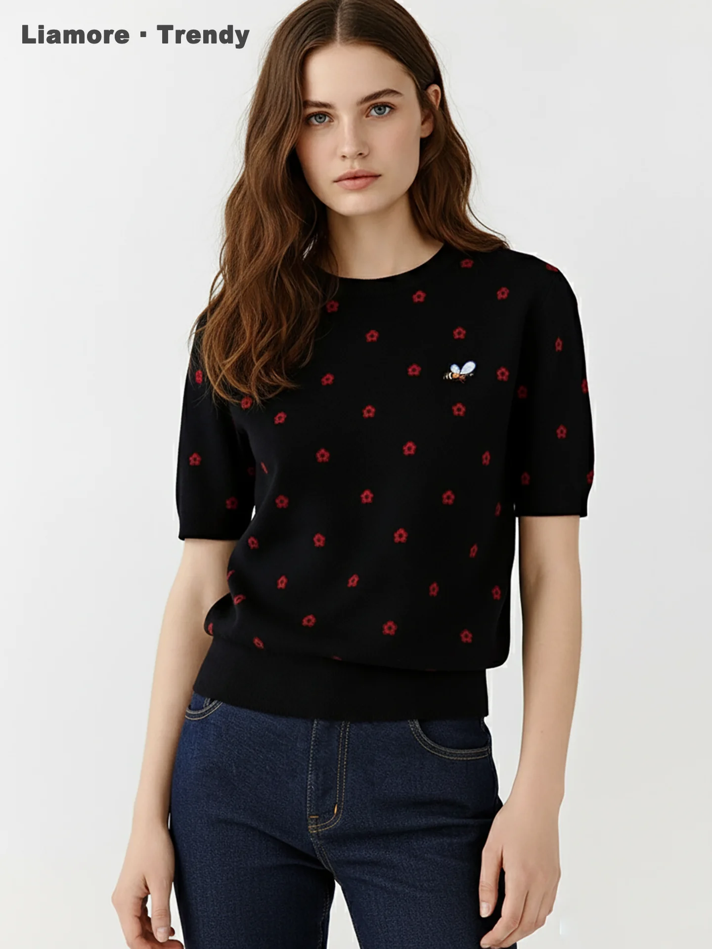 

Весенне-летняя футболка с вышивкой пчелы, двусторонняя, вязаная, приталенная, с цветочным узором, круглым вырезом, коротким рукавом, повседневная, мягкая, женская.