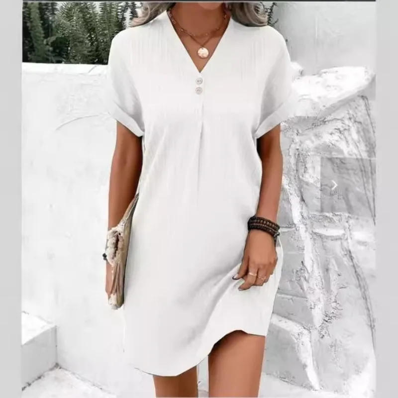 Solid Crew Neck Button Pullover Midi Dress Women's Comfort Casual