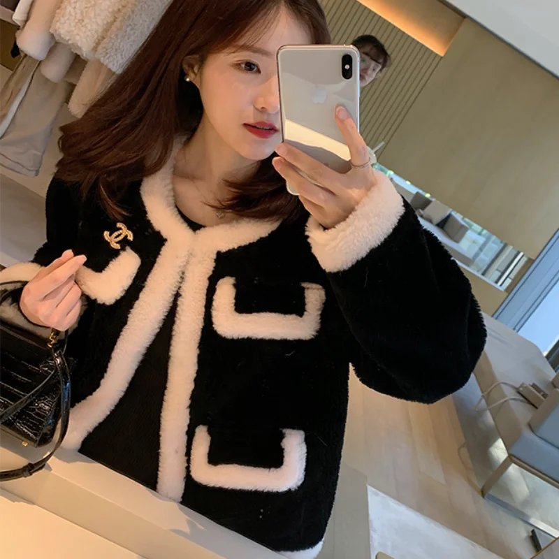 Coats and Jackets Women Furry Cropped Puffer Jacket Lamb Wool Coat Women Black Granular Fleece Imitation Sheep Shearing Elegant