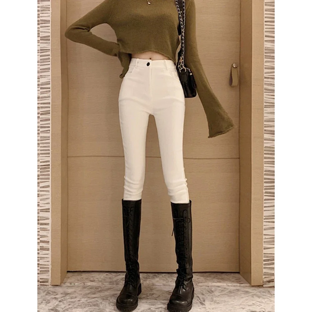 Pure White High Waist Winter Denim Jeans Women Slimming Fit Skinny Pencil Pants Elastic Stretch Velvet Hot Lining Trousers LJ411