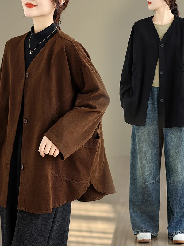 Retro sle ort comprimento v-ne casaco casual solto ajuste plus size cor outerwear feminino primavera outono aberto cardigan
