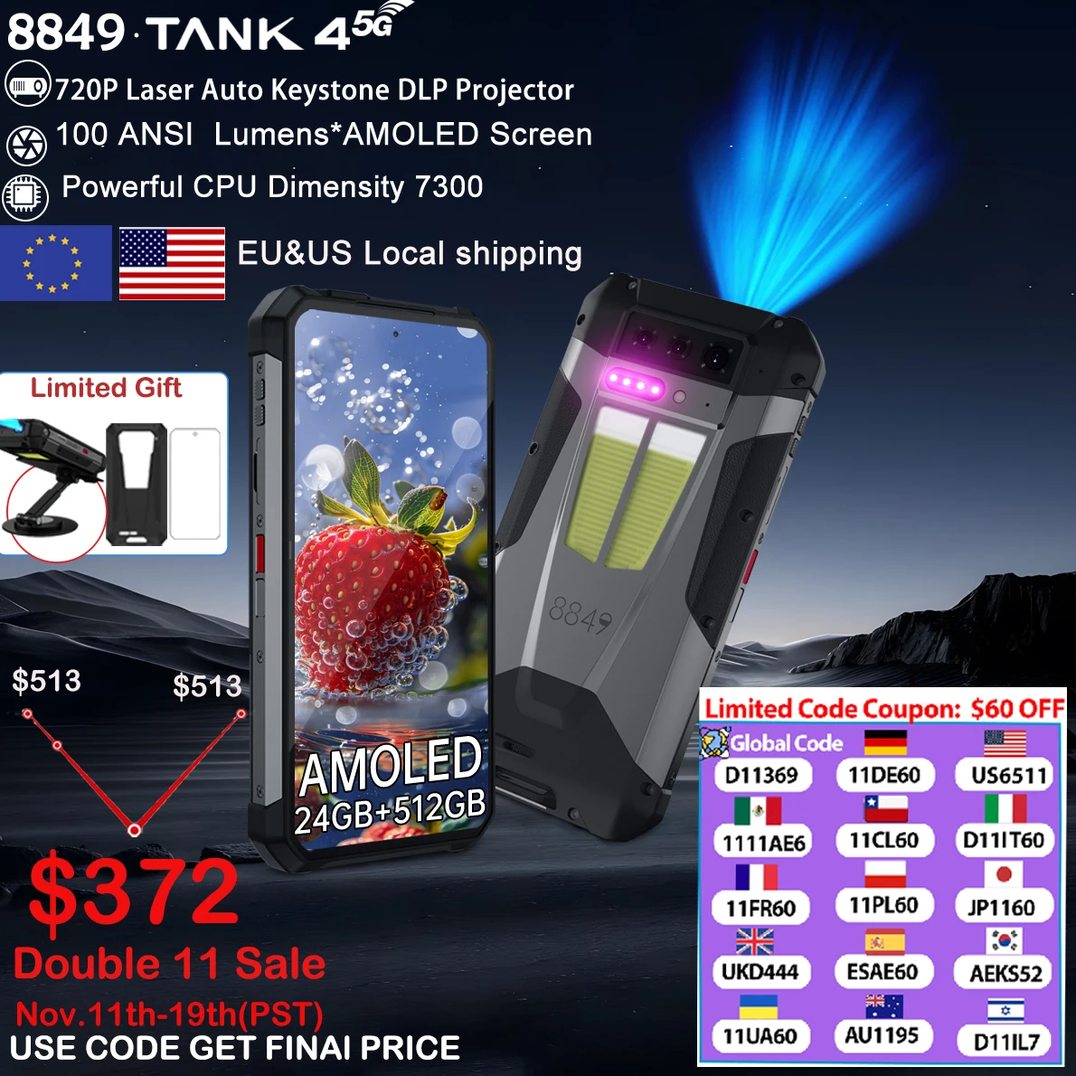 8849 Tank 4 Unihertz 5G Rugged Smartphone Projector 720P 100 Lumen 6.78'' AMOLED 512G Android14 11600mAh Dimensity 7300 120Hz