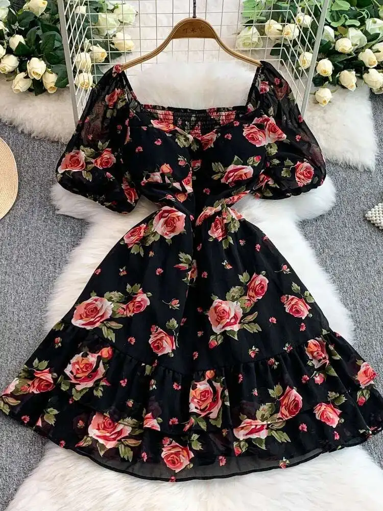 Vestido curto vintage francês feminino, estampa rosa, gravata quadrada, almofada no peito, vestidos de praia, verão, em camadas, robe curto