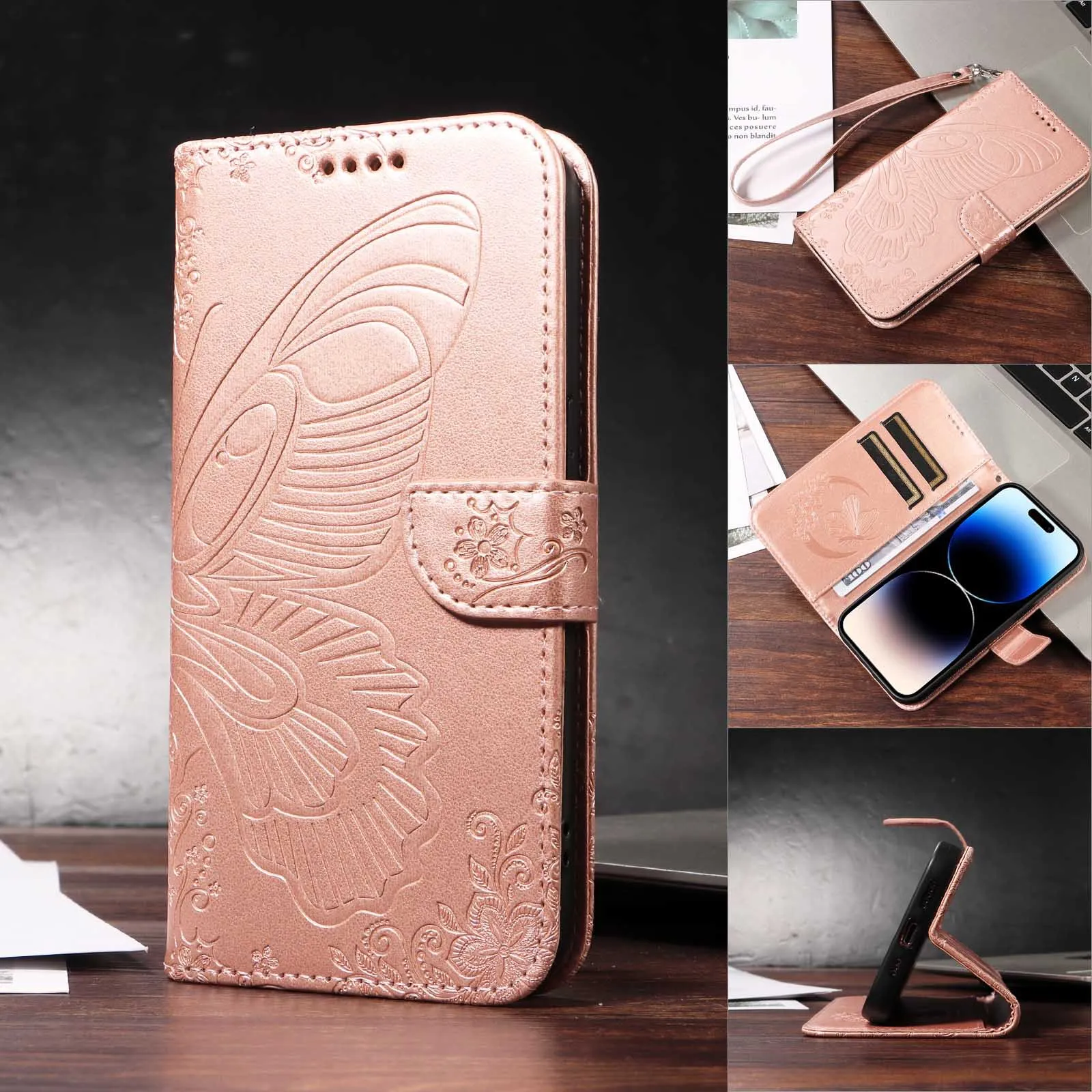 Funda con tapa de mariposa para Samsung Galaxy Wide 6 5 A Quantum 4 Buddy 3 Jean 2 Jump 5G, cordón de cuero de lujo, funda tipo billetera para 2 tarjetas