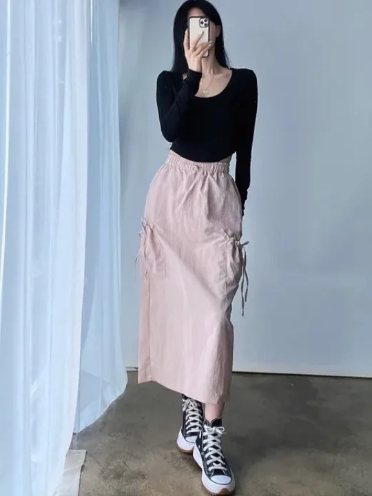 

Chic Spring Vintage Casual Dstring Elastic Waist Ba Split ket Workwear A-Line Skirt Women Commute Sle Pure Color
