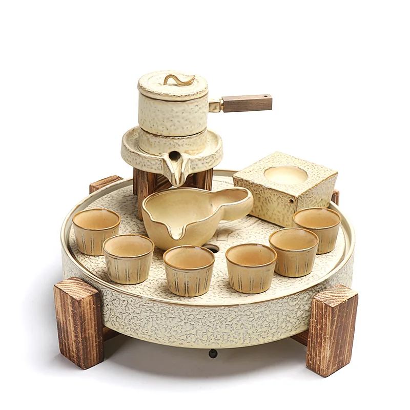 Good Luck Comes Semi-Full Lazy Kung Fu Tea Set Household Automatic Tea Set Stonewashed Ceramic Living Room Plate Bubble