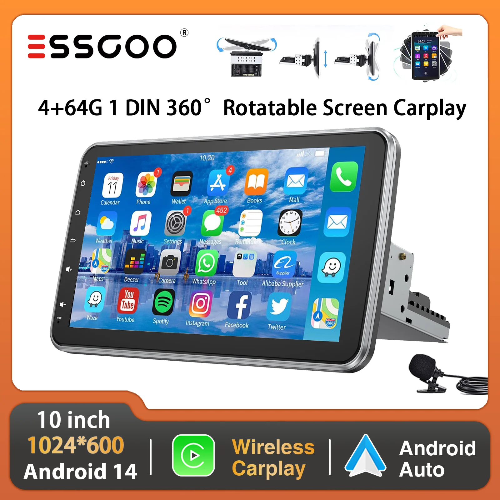 ESSGOO Autoradio 10" Android 14 4+64G Écran Tactile Rotatif à 360° 1 DIN CarPlay Sans Fil Android Auto GPS Navigation Bluetooth FM RDS WiFi USB EQ SWC Micro Lecteur Vidéo Multimédia