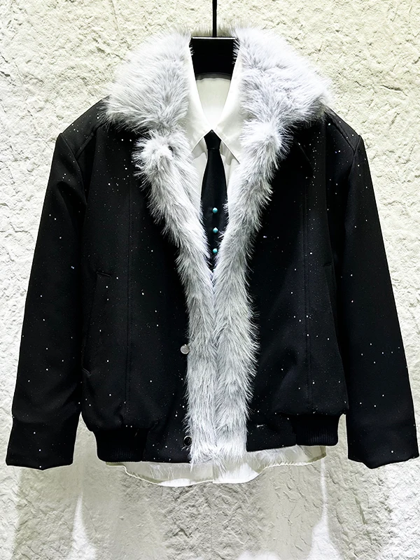 2025 남성용 겨울 신상 따뜻한 양면 착용 개성 디자인 인조 모피 칼라 재킷 남성용 시크 플러시 파카 아우터웨어 코트