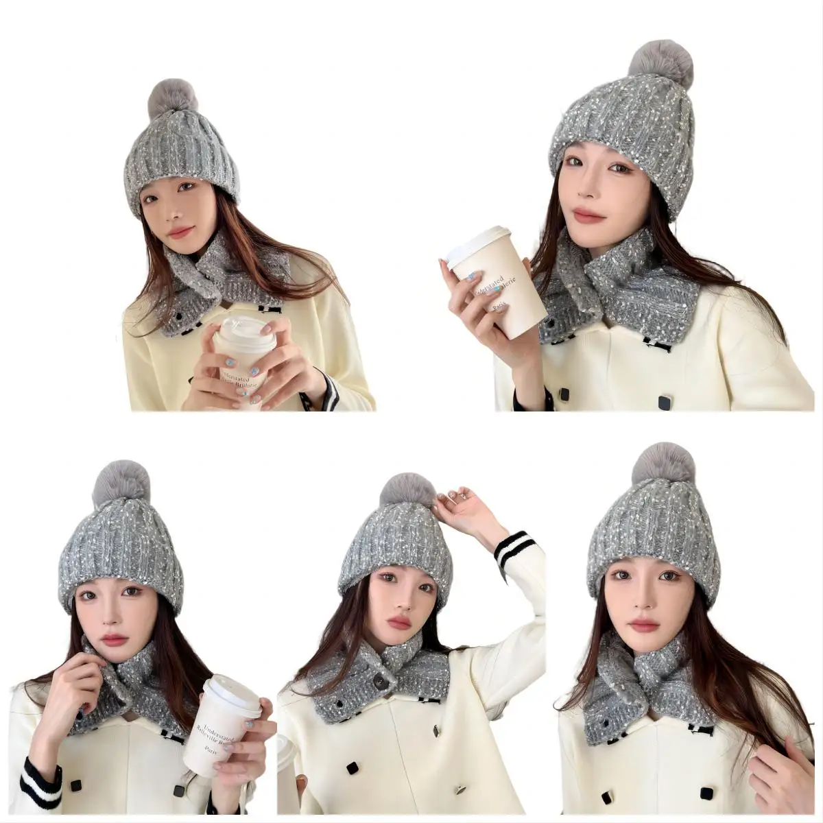 2PCS Set Winter Knitted Hat Snood Collar Two-piece Set Women Warm Neck Scarf With Button for Men Beanie Skullies With Pompon Set