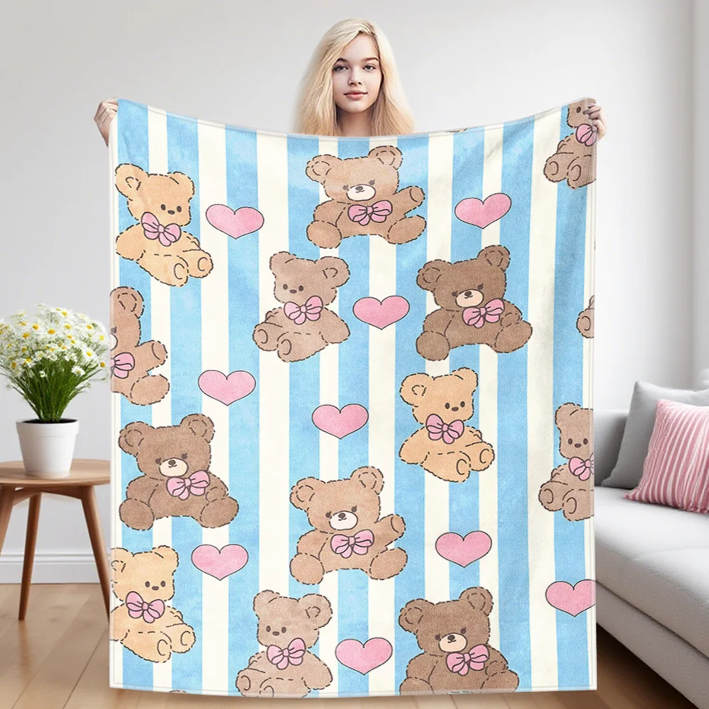 Bow Teddy Bears Flannel Blankets Are Suitable For Sofas, Men's Room Decorations, Thick And Warm Gifts For Teenagers