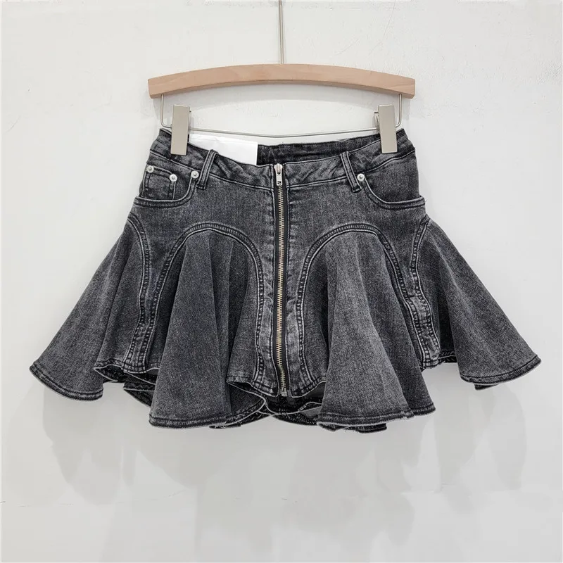 Three-dimensional Cut Deconstructed Lotus Leaf Edge Denim Half Body Skirt, Front Zipper Spliced Pleated Elastic Denim Mini Skirt