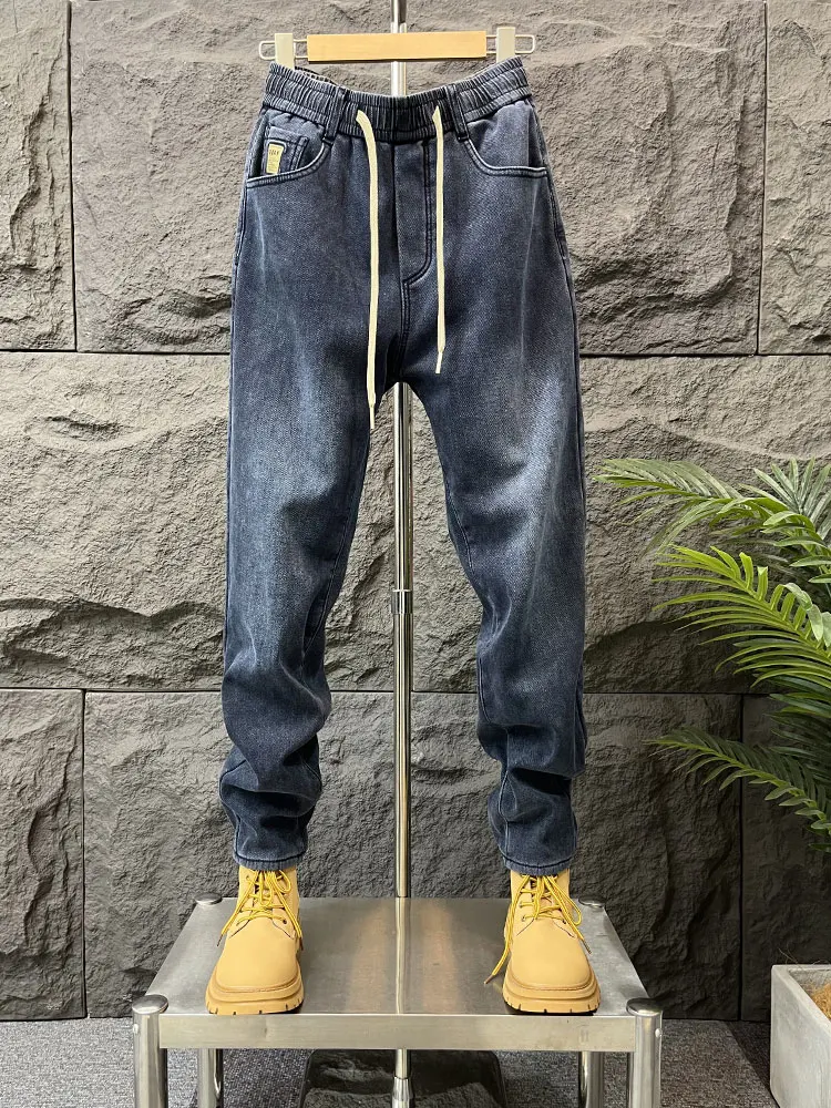 

Youthful Men's Spring New Style Jeans Casual Loose Waist Drawstring Harlan Slim Fit Pants Classic Blue Cotton Denim Trousers