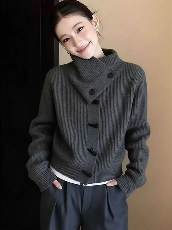 

Модный корейский вязаный свитер с высоким воротником, серый, уникальный дизайн, защита от ударов, теплый, для молодых женщин