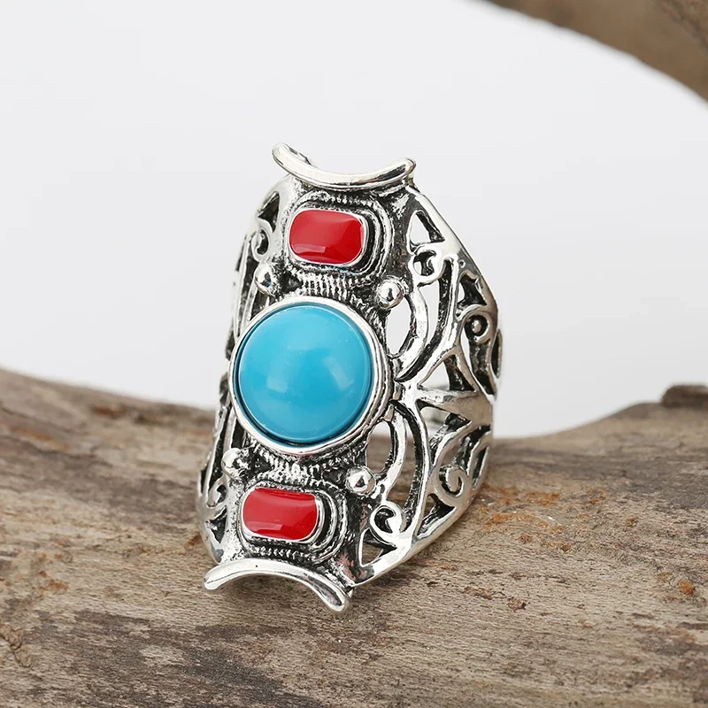 Rings for Women Vintage Silver Color Blue Turquoise Bridal Fashion Jewelry Wedding Engagement Ring Party Accessories Gift