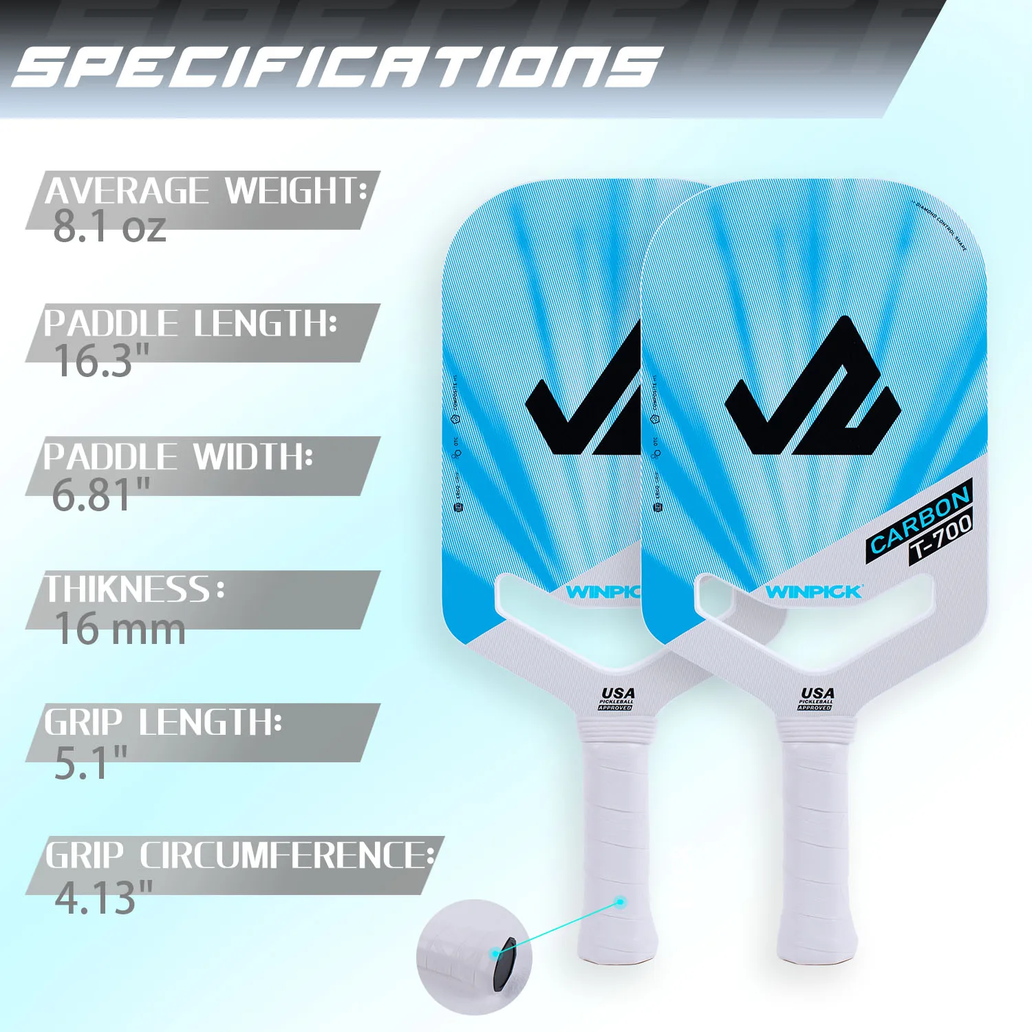 Winpick Thermoformed Pickleball Paddle Raw T700 Carbon Surface With High Grit & Spin Unibody Edgeless Design Pickleball Racket