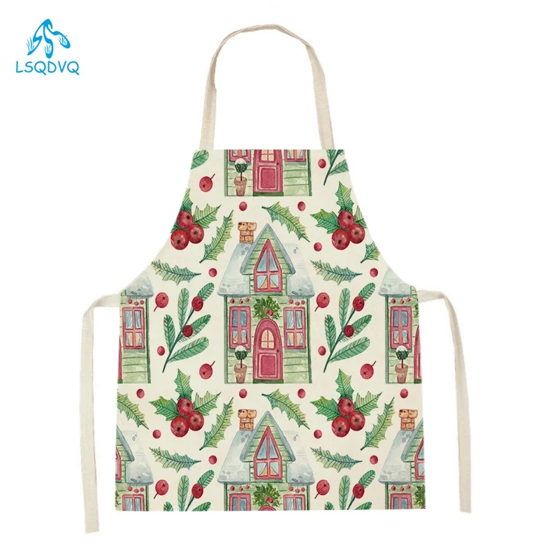 Christmas Linen Kitchen Aprons for Men Women Baking Accessories Aprons Christmas House Tree Pattern Aprons Adult Kids Bibs