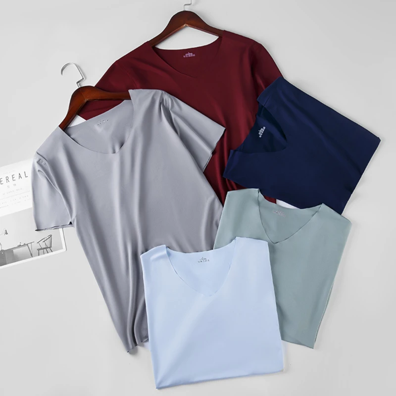 Men's Thin Short Sleeve Without Summer Solid Color T Shirt Slim V-neck Bottoming Seamless Short Sleeve 2024 New