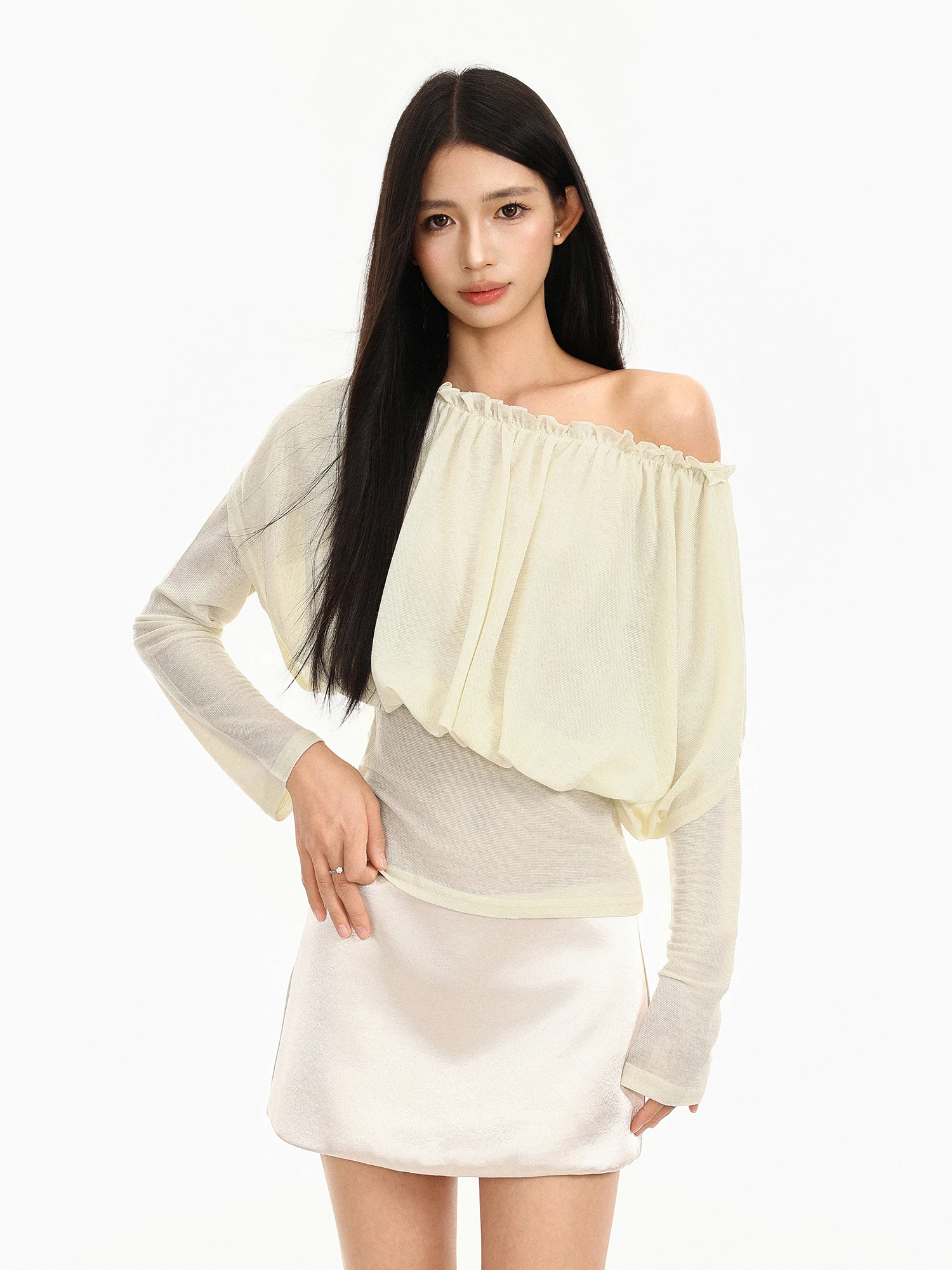 Shoulder Bared Long Sleeve T Shirt Women's Autumn Design Slimming Soft Style Base Shirt Wood Grain  Girls Fashion