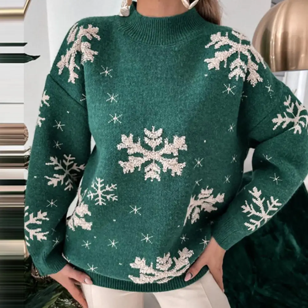 Women Knitted Sweater Snowflake Print Christmas Print Jacquard  Pullover Knitwear Xmas Sweater Jumper свитер женский