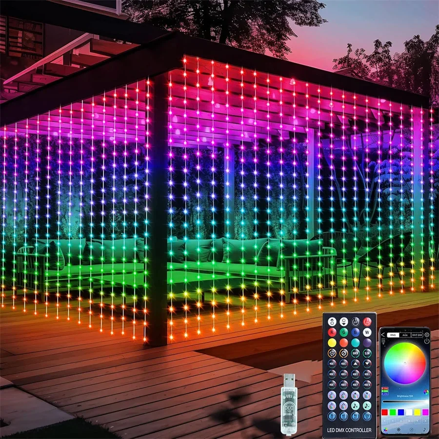 3X3M Smart App Controlled Curtain Light RGB Color Curtain Fairy Light USB Powered with Remote Wedding Party Window Curtain Light