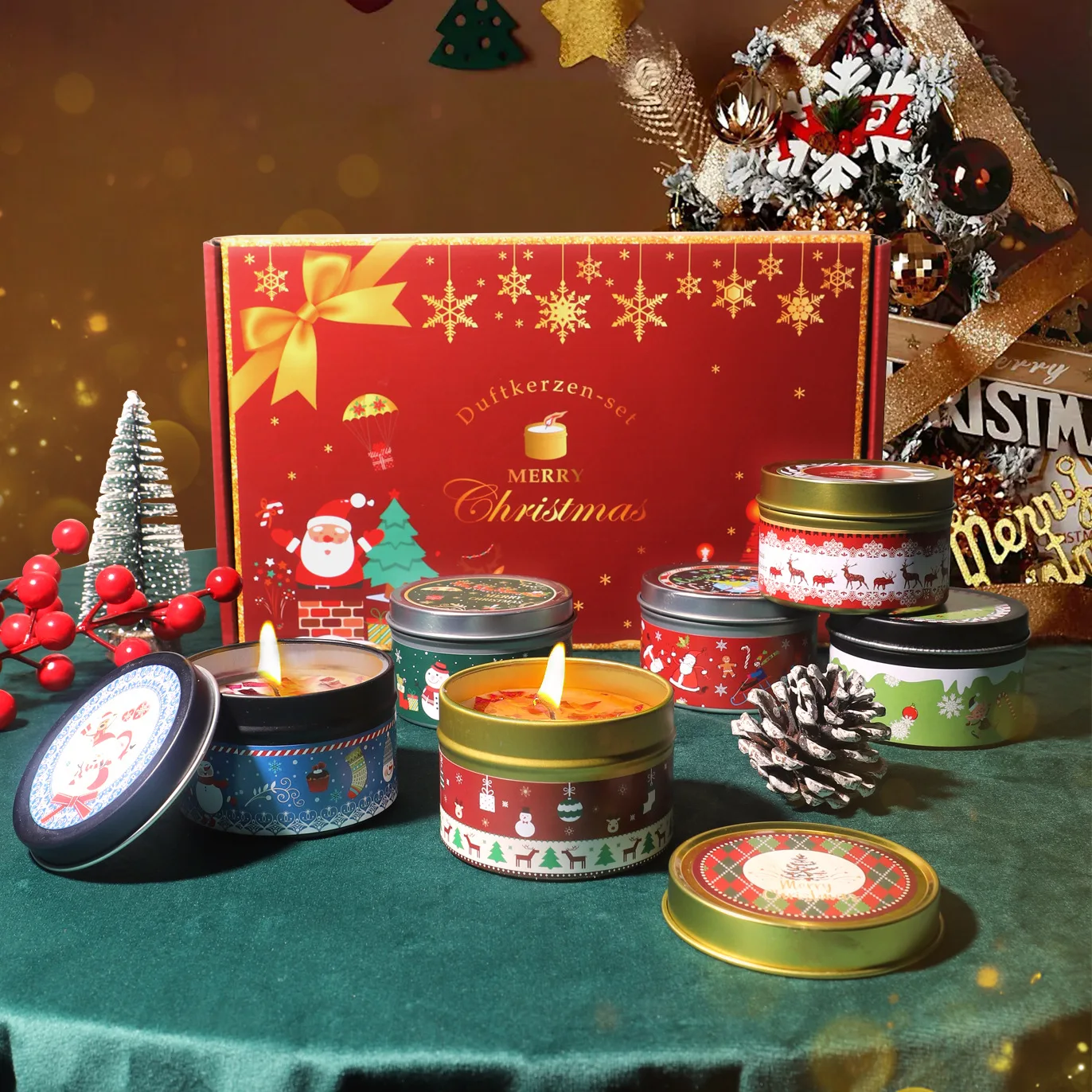Christmas Atmosphere Aromath Set Gift DIY Soy Wax Dried Floral Tin Box DIY Smokeless Plant Scented Candles Xmas Party Decor
